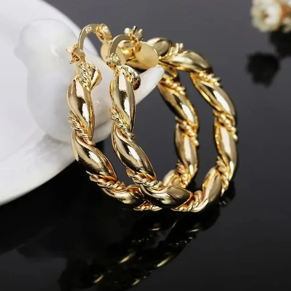 Stunning Rope Design 18k. Gold Over Sterling Silver 35mm Round Hoop Earrings - Picture 2 of 4